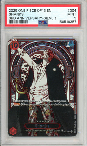 One Piece Graded: Shanks #4 OP13 3rd Anniversary Silver (2025) PSA 9