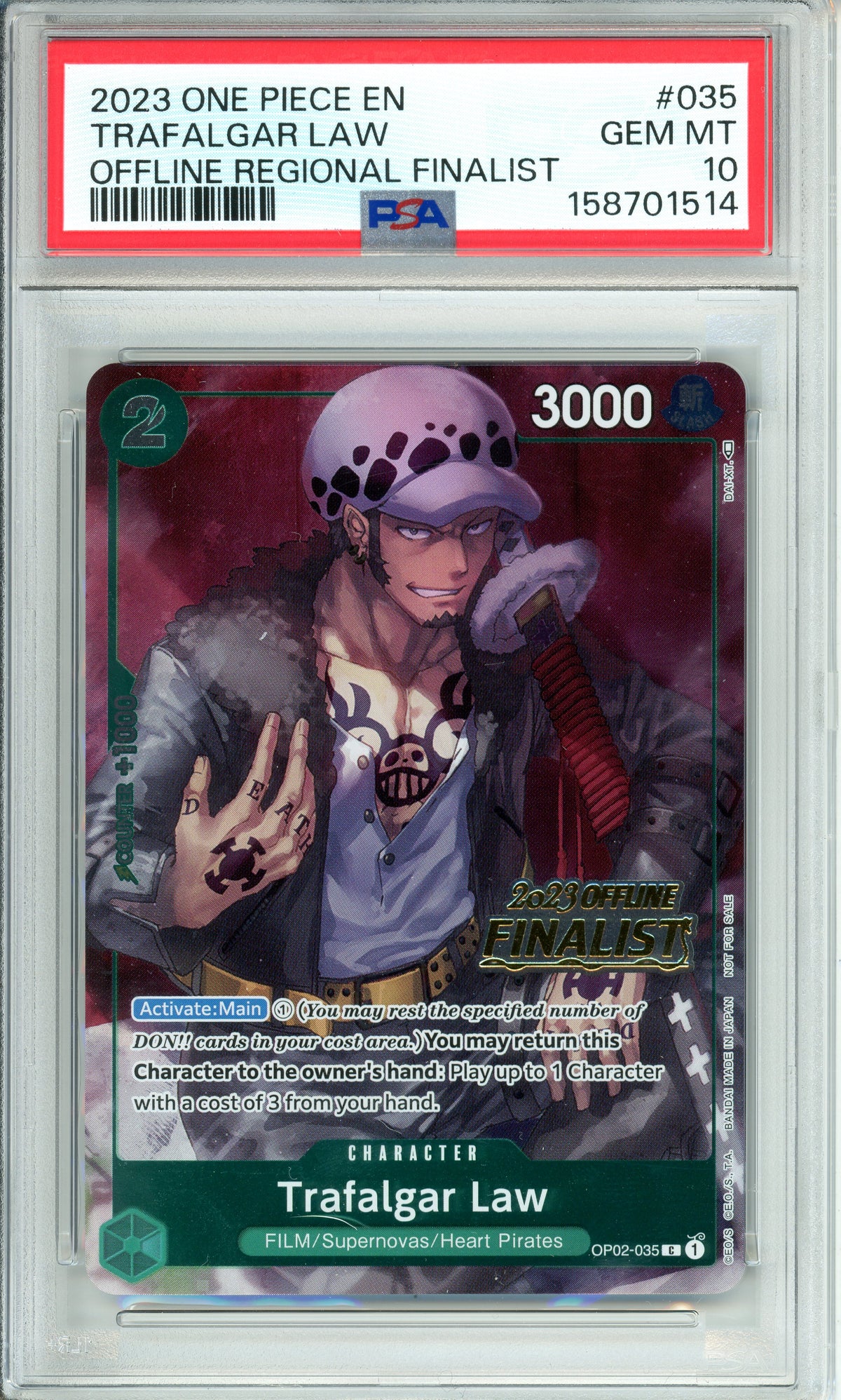 One Piece Graded: Trafalgar Law OP02-035 Offline Regional Finalist (2023) PSA 10