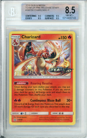 Pokemon Graded: Charizard #SM158 Team Up Prerelease Staff (2019) Beckett 8.5