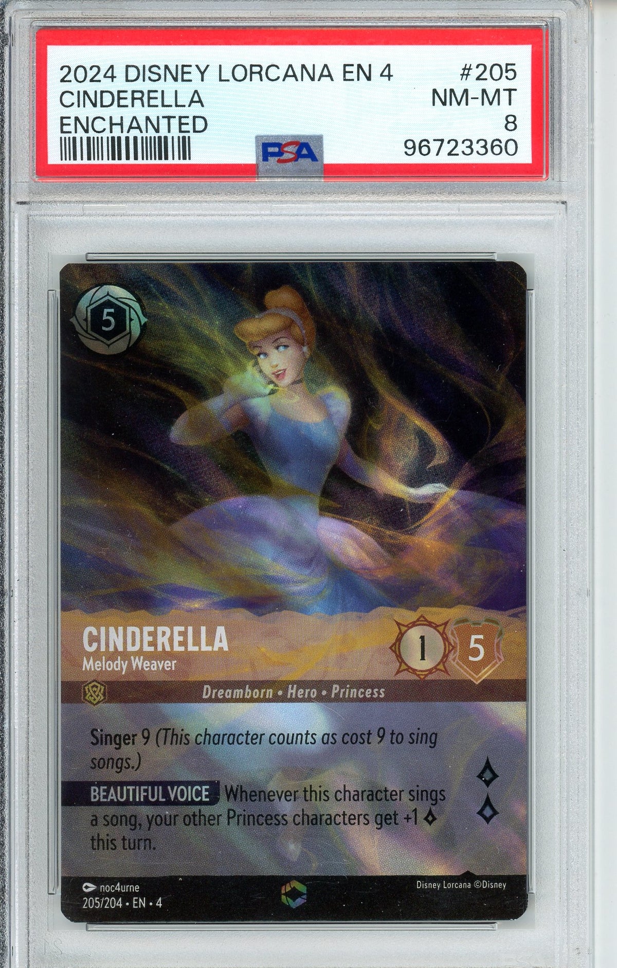 Lorcana Graded: Cinderella Melody Waver Enchanted 205/204 Ursula's Return (2024) Foil PSA 8
