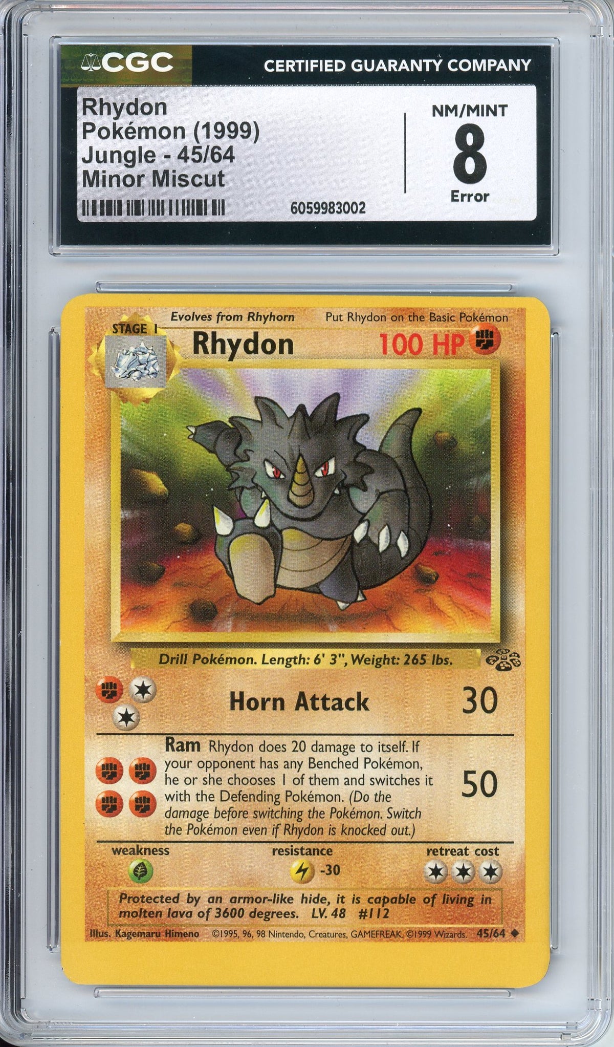 Pokemon Graded: Rhydon 45/64 Jungle (1999) Minor Miscut CGC 8 Error