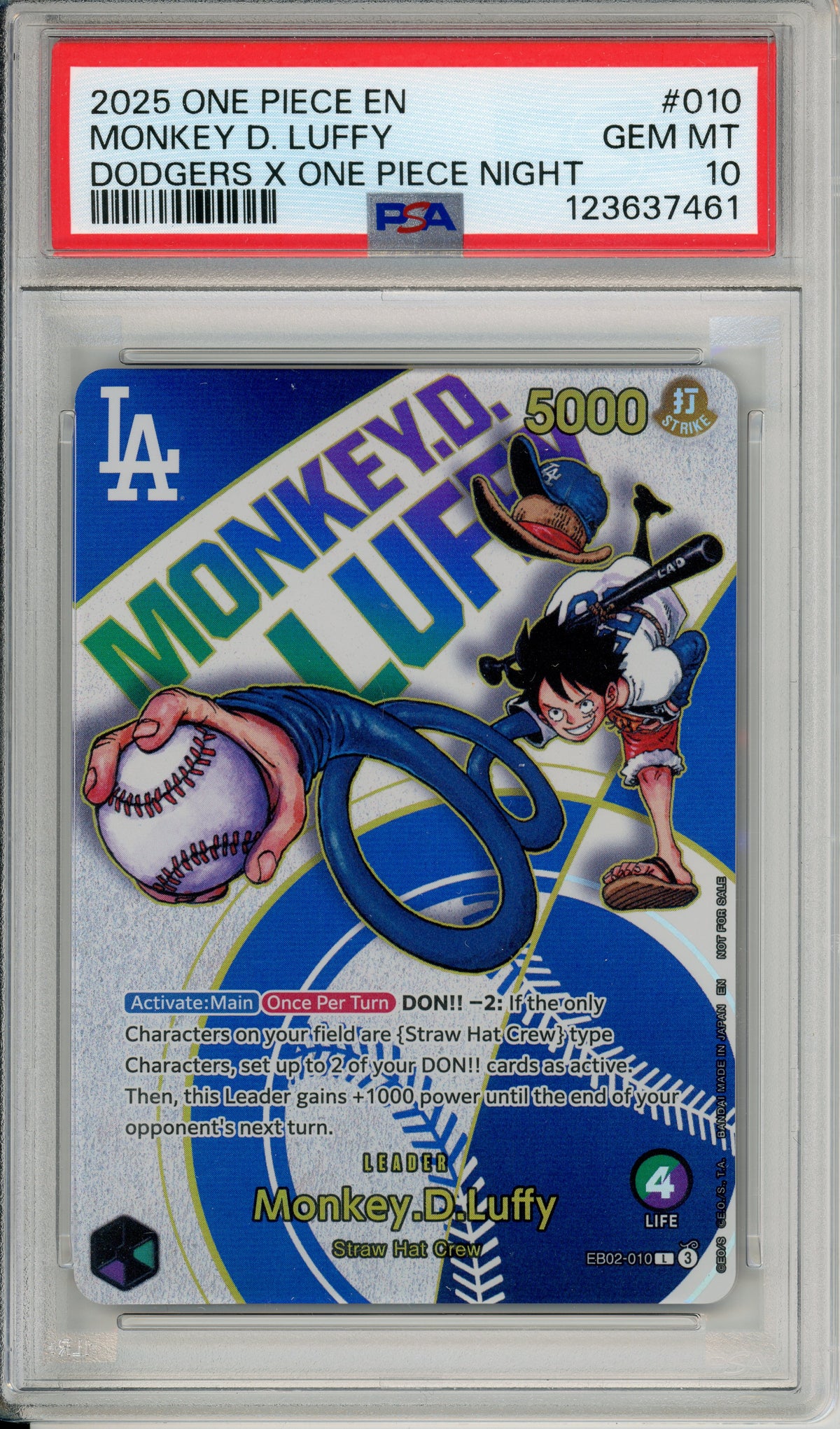 One Piece Graded: Monkey D. Luffy EB02-010 Dodgers x One Piece Night (2025) PSA 10