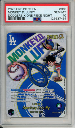 One Piece Graded: Monkey D. Luffy EB02-010 Dodgers x One Piece Night (2025) PSA 10
