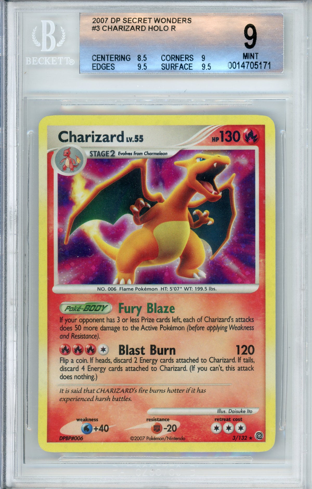 Pokemon Graded: Charizard 3/132 Secret Wonders (2007) Holo Beckett 9