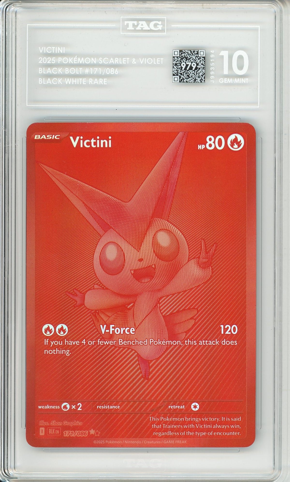 Pokemon Graded: Victini 171/86 Black Bolt (2025) Red Monochrome Holo TAG 10