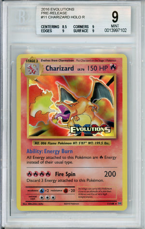 Pokemon Graded: Charizard 11/108 Pre-release Evolutions (2016) Holo Beckett 9