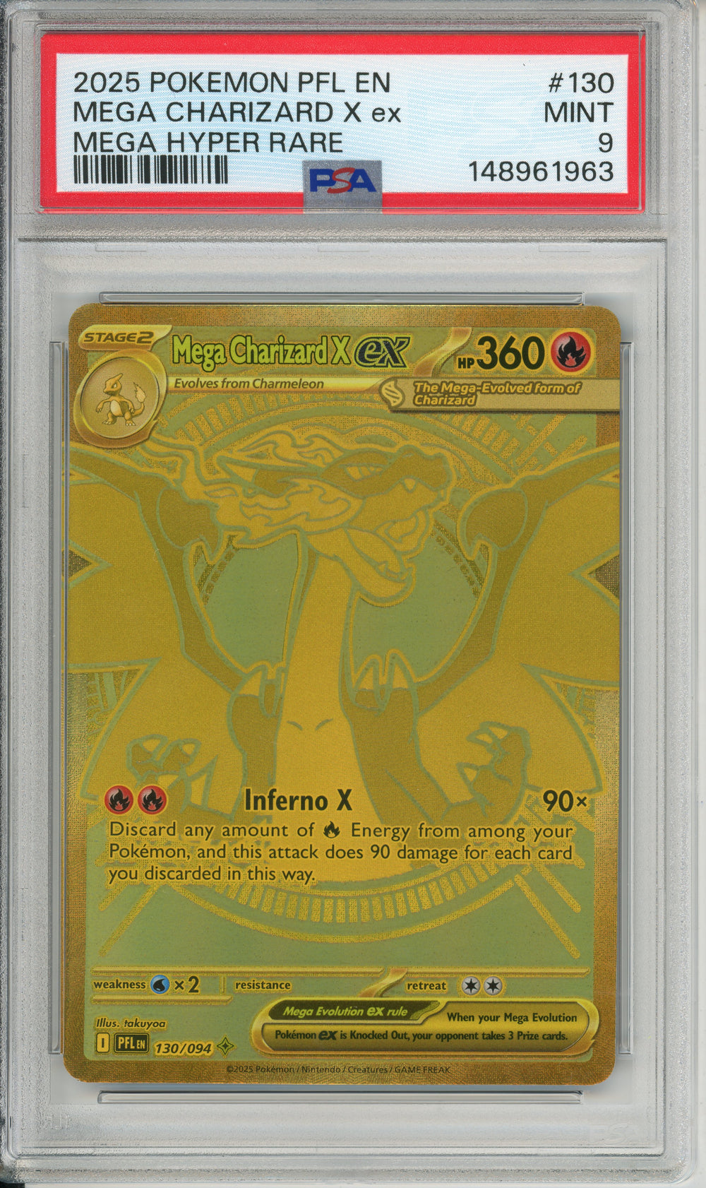 hyper rare charizard card Pokemon Graded: Mega X ex 130/94 Phantasmal Flames (2025) Gold PSA 9 end display NEW !! Luna Light Pack Option::Flareon (Heavy) Nico Robin promo pack