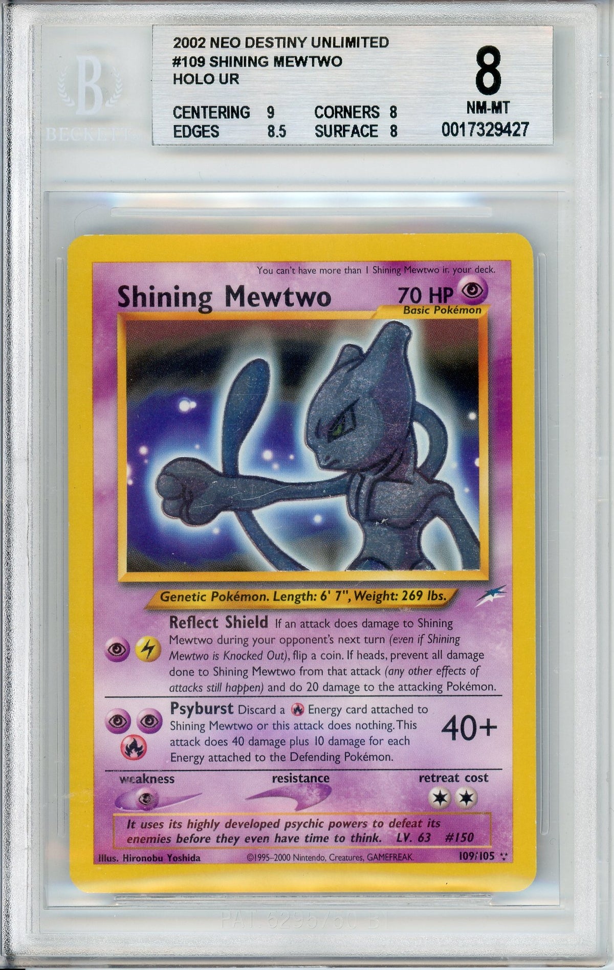 Pokemon Graded: Shining Mewtwo 109/105 Neo Destiny Unlimited (2002) Holo Beckett 8