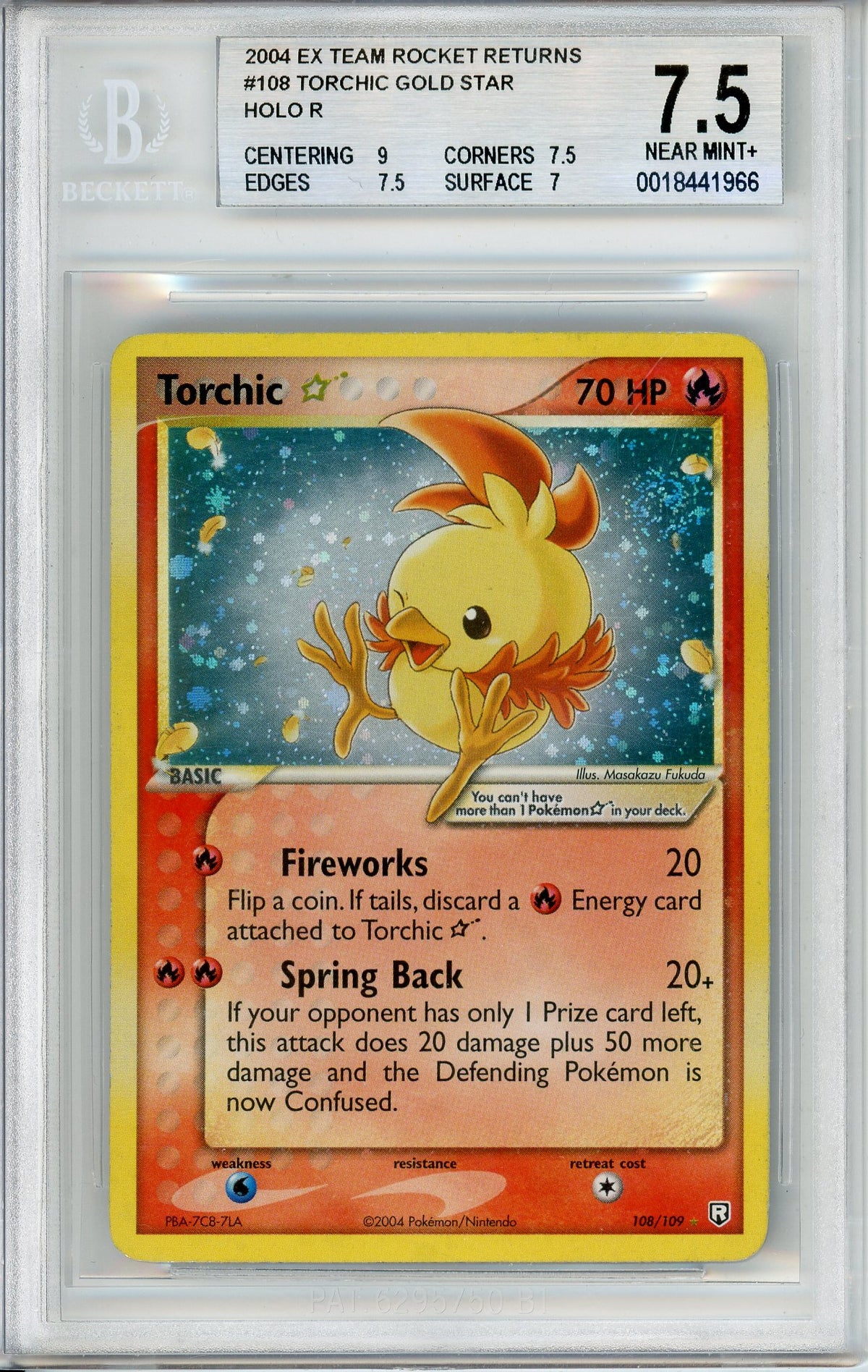 Pokemon Graded: Torchic Gold Star 108/109 EX Team Rocket Returns (2004) Holo Beckett 7.5