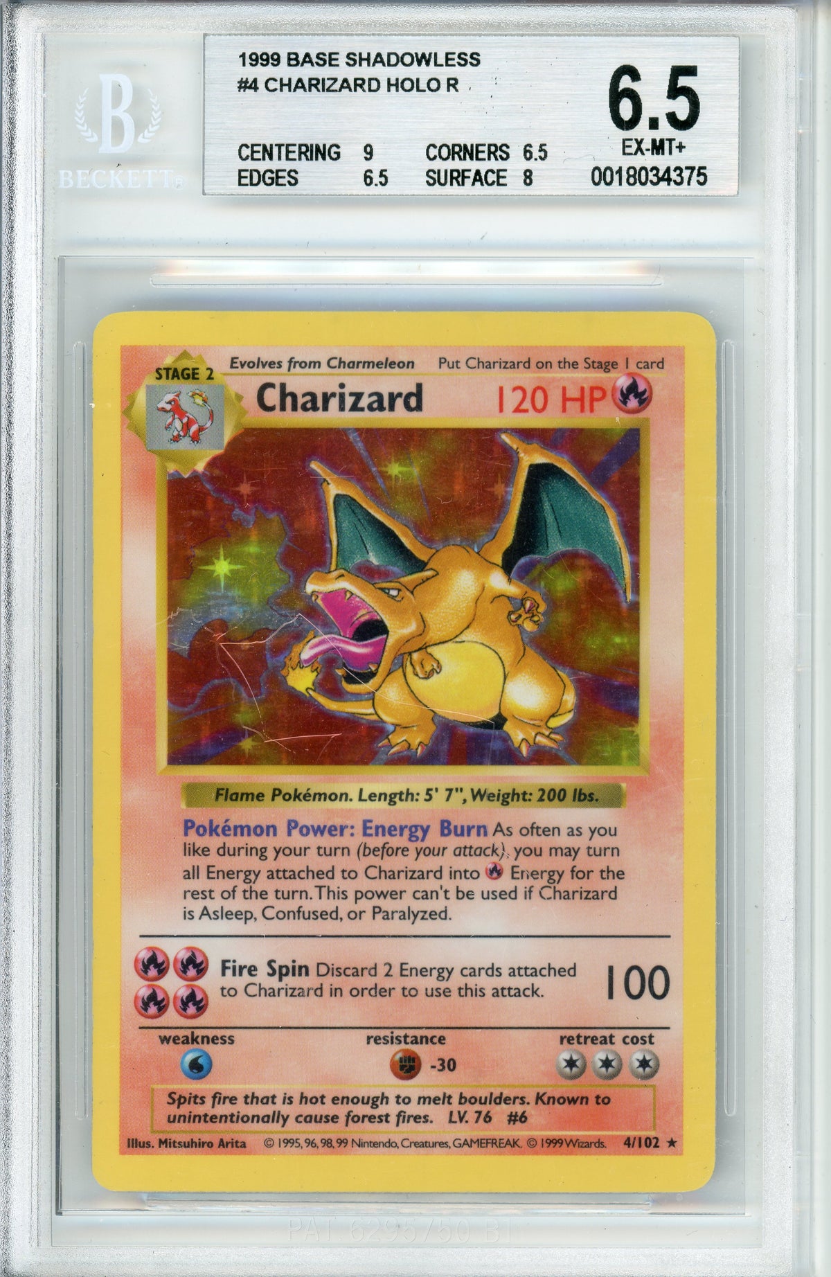 Pokemon Graded: Charizard 4/102 Base Set Shadowless (1999) Holo Beckett 6.5