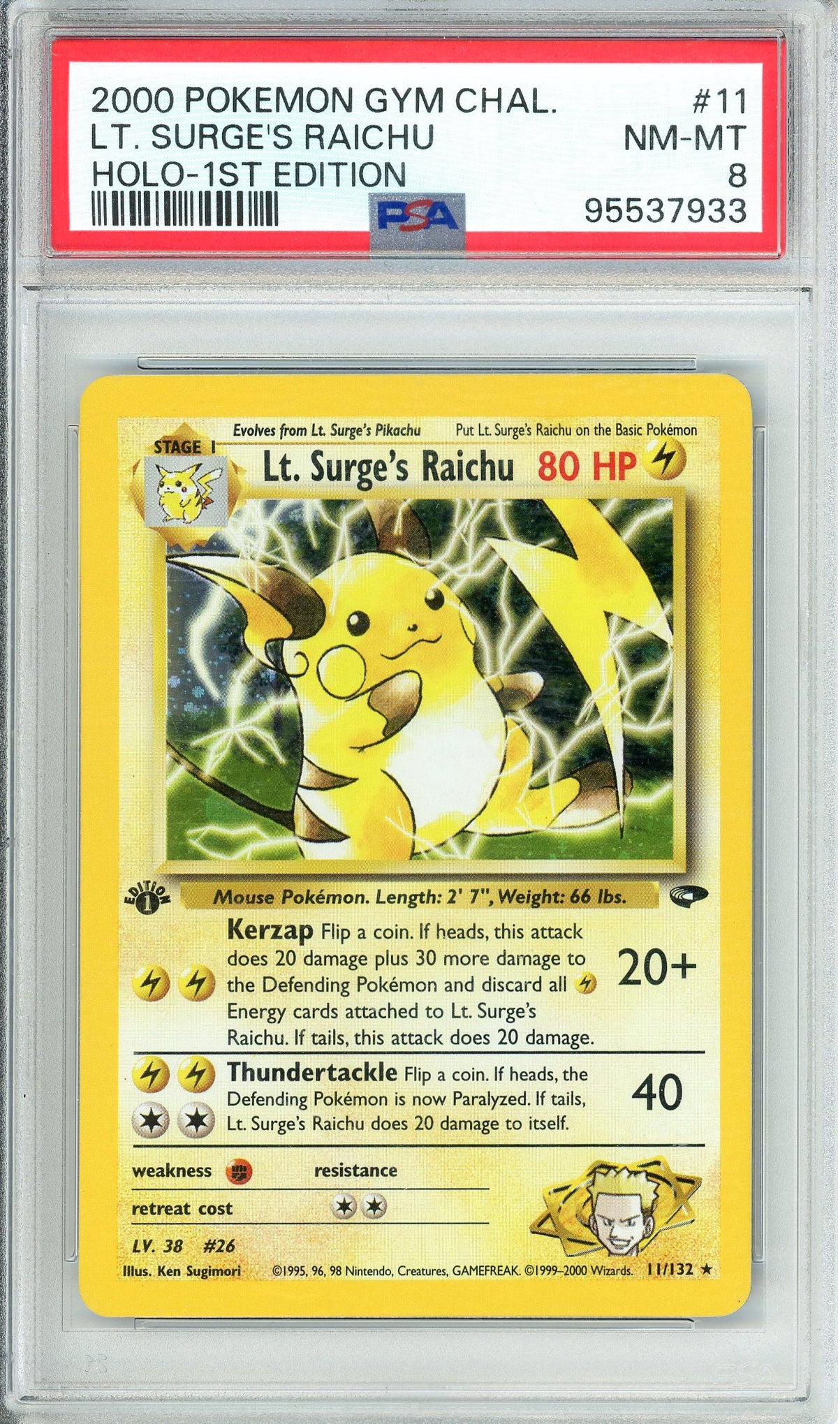 Pokemon Graded: Lt. Surge's Raichu 1st Edition 11/132 Gym Challenge (2000) Holo PSA 8