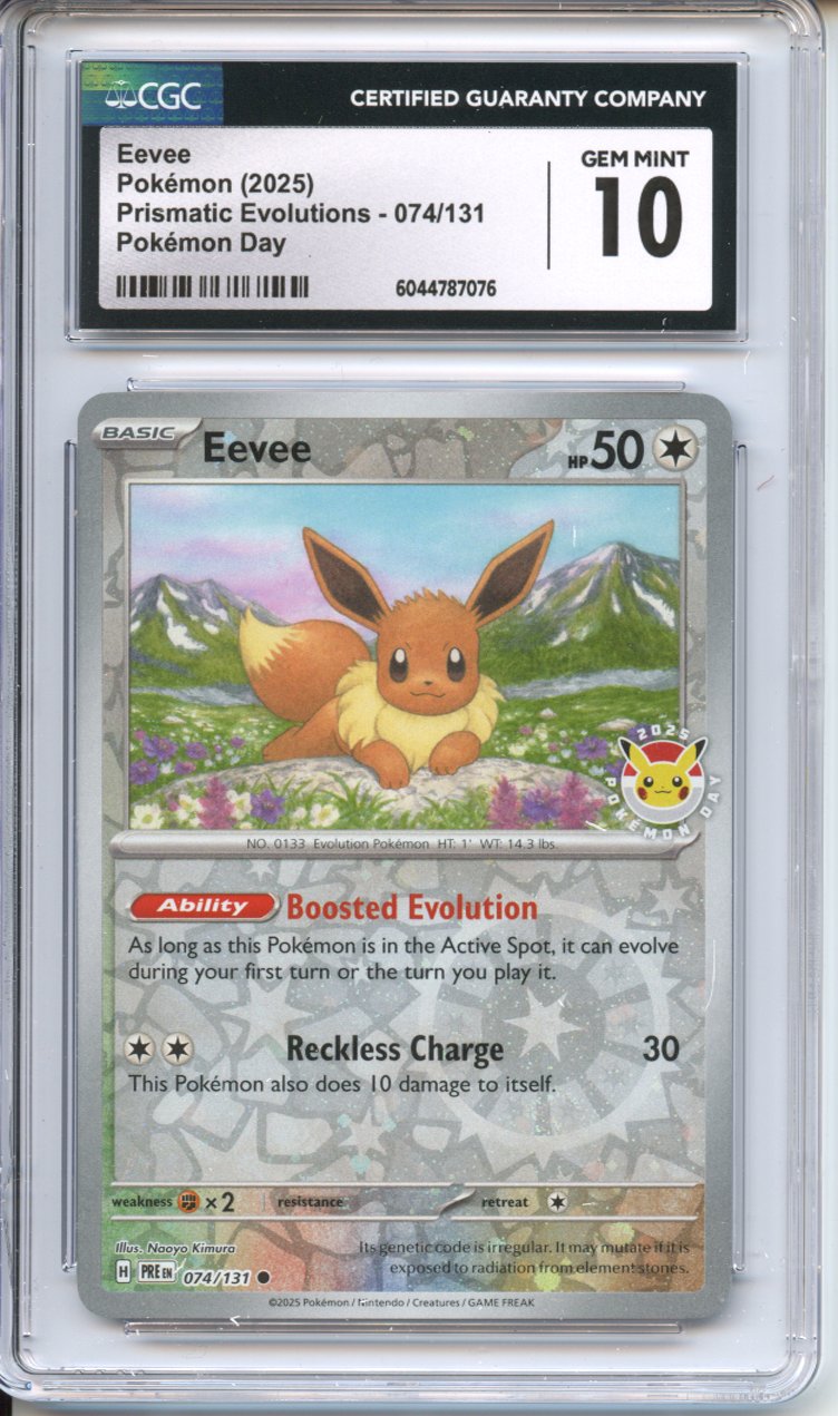 Pokemon Graded: Eevee 74/131 Prismatic Evolutions Pokemon Day Promo Holo (2025) CGC 10